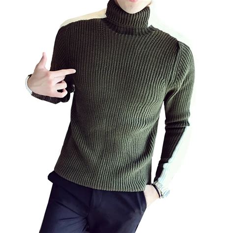 Winter High Neck Thick Warm Sweater Men Splice Turtleneck Sweaters Slim