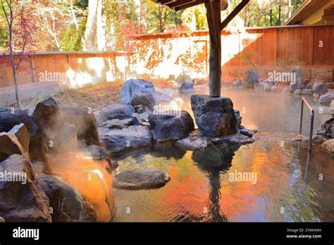 Open Air Hot Spring With Autumn Foliage Stock Photo Alamy