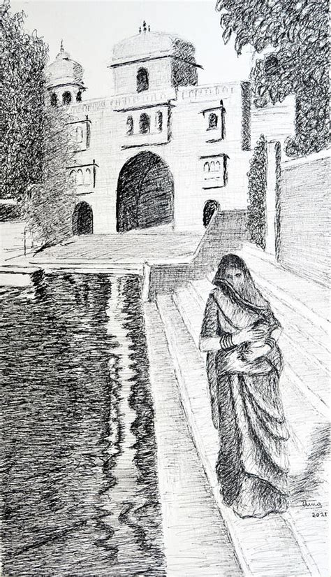 Woman In Jaisalmer Drawing By Uma Krishnamoorthy Fine Art America