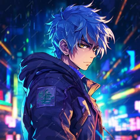 Premium Photo | Anime boy with blue hair and glasses standing in the ...