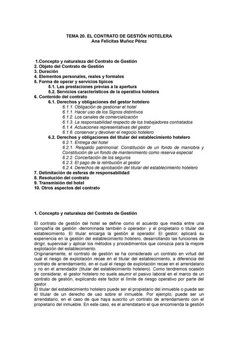 EL Contrato DE Gestión Hotelera TEMA 20 EL CONTRATO DE GESTIÓN