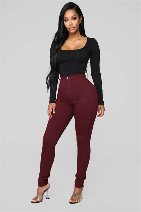 Super High Waist Denim Skinnies Burgundy Fashion Nova