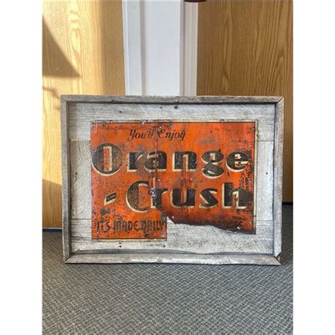 Vintage Wood Framed Metal Orange Crush Sign Approx 26 X 34 No Shipping