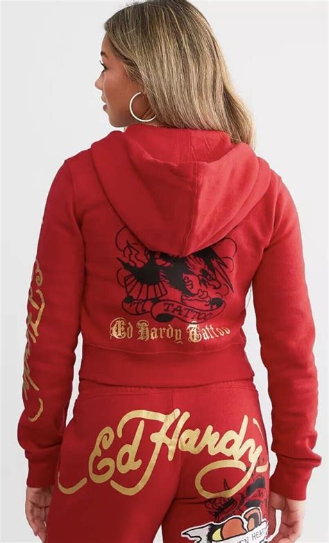 Ed Hardy Sweatsuit Red Broken Heart Crop Zip Hoodie Wide Leg Pants