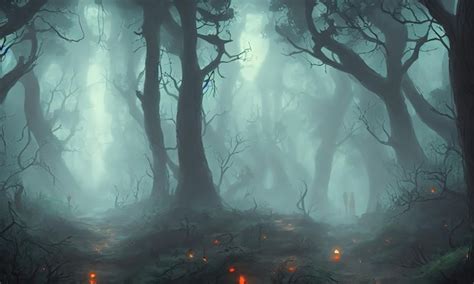 Premium Photo Dark Mystical Forest Scary Curved Trees Morning Fog In