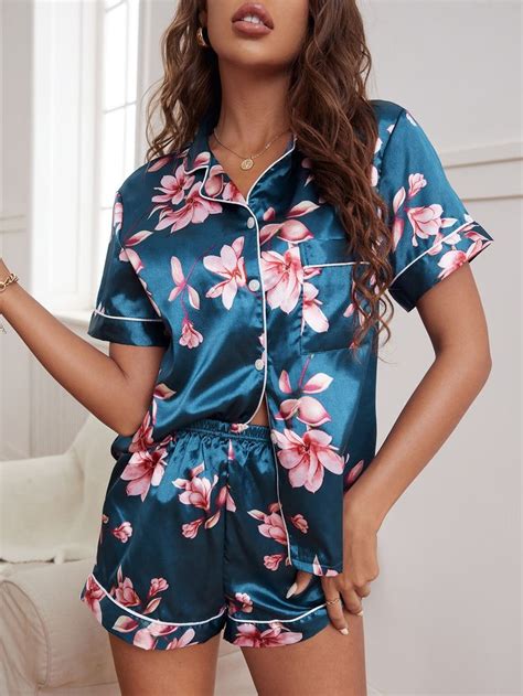 Floral Print Satin Pj Set With Patched Pocket And Contrast Piping