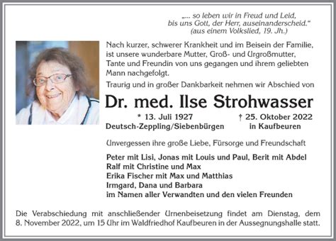 Traueranzeigen Von Ilse Strohwasser Allg Uer Zeitung