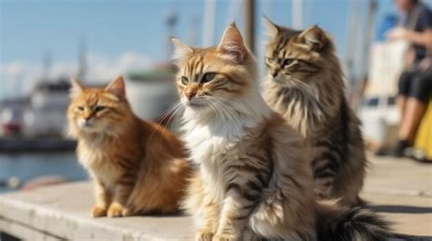 Premium AI Image Three Cats Sitting On A Dock One Of Which Is The