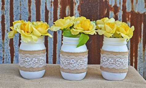 Elegant White Burlap And Lace Mason Jar Set By TheSouthernOrange Lace