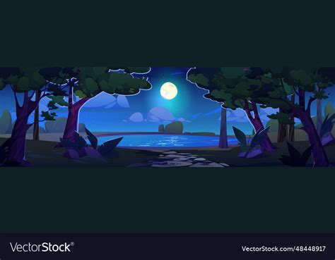 Lake In Forest And Night Sky Cartoon Background Vector Image