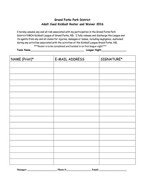 Fillable Online Grand Forks Coed Kickball Roster And Waiver Fax Email