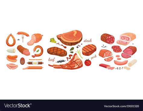 Different types of meat products set isolated Vector Image