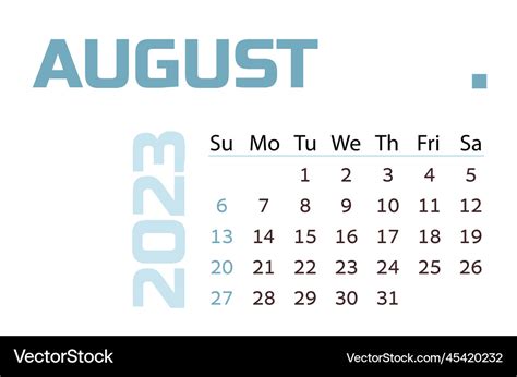 Calendar For The Month Of August 2023 Blue Vector Image