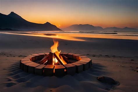 Premium AI Image | a fire pit on a beach at sunset.