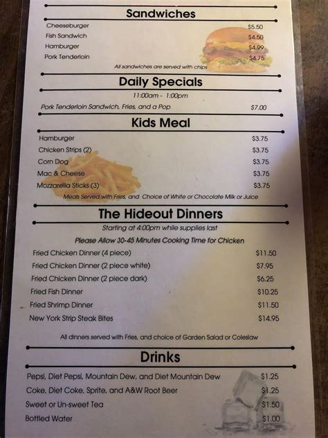 Menu at The Hideout Tavern pub & bar, Piqua
