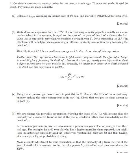 Solved 1 Consider A Reversionary Annuity Policy For Two