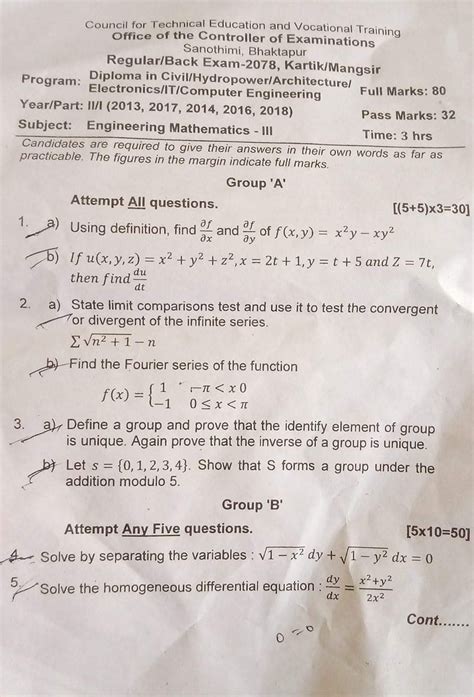 Ctevt Diploma Ii Year Engineering Mathematics Iii Regular Back Exam