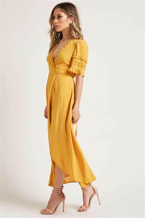 Forever 21 Chiffon Ruffle Wrap Dress In Yellow Lyst