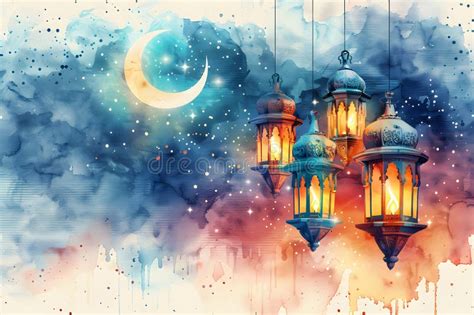 Traditional Watercolor Illustration Of Lanterns Crescent Moon And