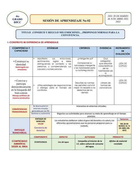 Sesi N Dpcc Cuarto Experiencia De Aprendizaje Sobre Los Asuntos