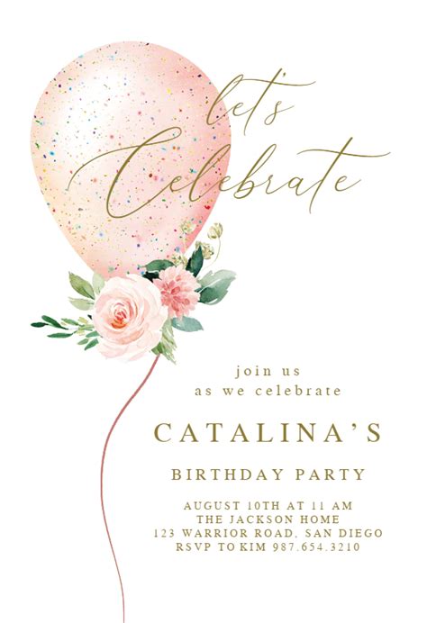 Floral Glitter Balloon Birthday Invitation Template Greetings