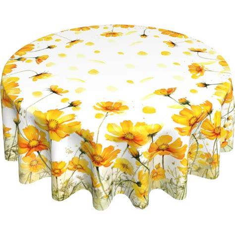 Nicksun Yellow Poppy Flowers Tablecloths For Round Table 60inch Summer Floral Botanical Polyster