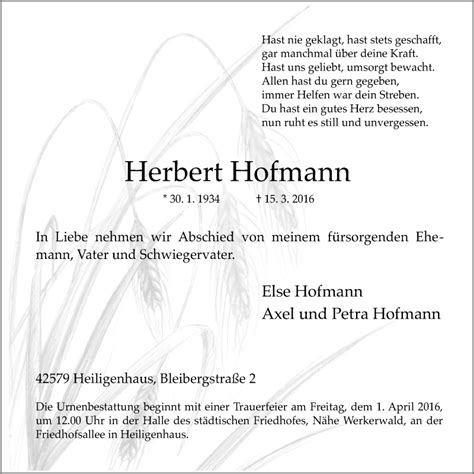 Traueranzeigen Von Herbert Hofmann Trauer In NRW De