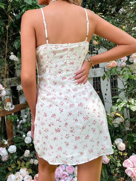 SHEIN WYWH Ditsy Floral Print Lace Trim Knot Front Cami Dress SHEIN USA