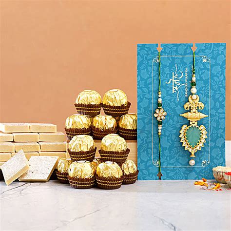 Ornamental Leaf Rakhi Set And Kaju Katli With Ferrero Rocher Usa Gift