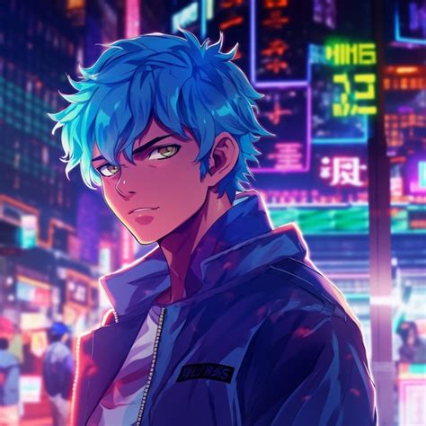 Premium Photo | Anime guy with blue hair and green eyes in a city ...