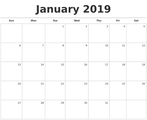 January 2019 Blank Monthly Calendar