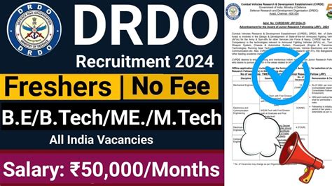 DRDO Recruitment 2024 Freshers NO FEES CTC 50 000 Month