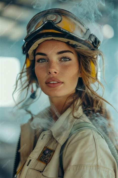 Premium Photo Confident Female Firefighter Portrait In Helmet Smoke