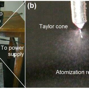 A digital picture of the real electrospraying system (a) and the ...