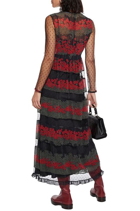 Redvalentino Point Desprit Paneled Floral Print Georgette Maxi Dress