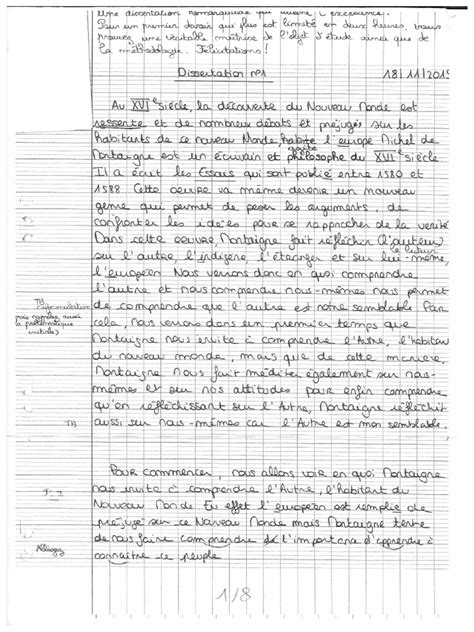 Exemple RÉdigÉ Dissertation Sur Oeuvre Complète Copie Élève 1°g 8p