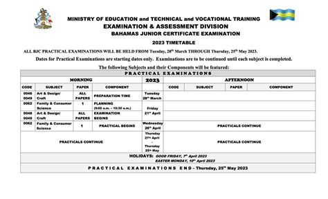 Bjc And Bgcse Timetable Moe Bahamas