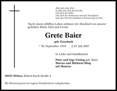 Traueranzeigen Von Grete Baier Trauer In Nrw De