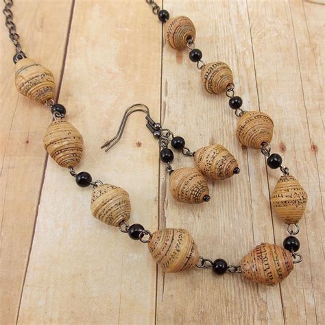 Necklace And Earring Set African Paper Beads Tan And Black With Gunmetal 2500 Via Etsy