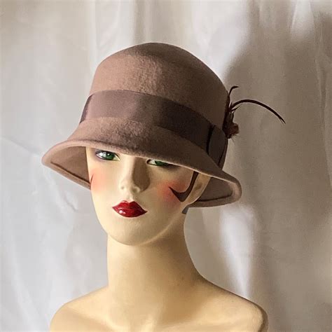 Camel Wool Felt Cloche Bucket Hat With Feather Size 22 Etsy