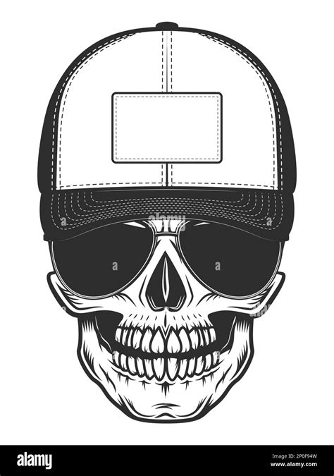 Skull In Baseball Cap With Sunglasses In Vintage Monochrome Style