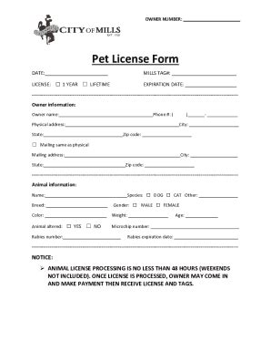 Fillable Online Fill Free Fillable Pet License Form TOWN OF MILLS EST