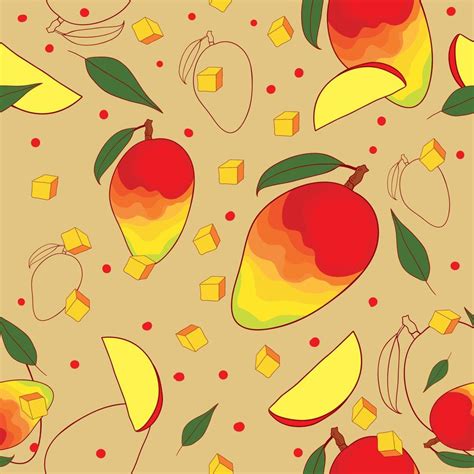 Seamless Pattern With Mango Slice And Leaves On Beige Background