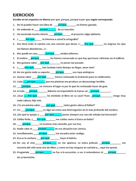 Actividad Del Uso De Por Qué Porque Porqué Por Que Pdf