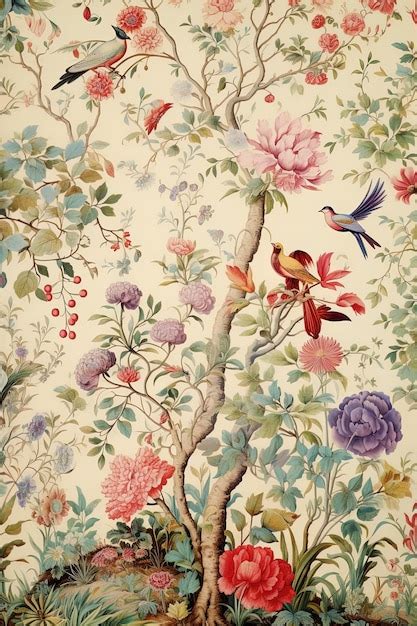 Premium Photo A Floral Pattern With A Bird And Flowers On It