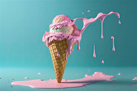 Pink Ice Cream Melting And Spilling From The Waffle Cone Illustration