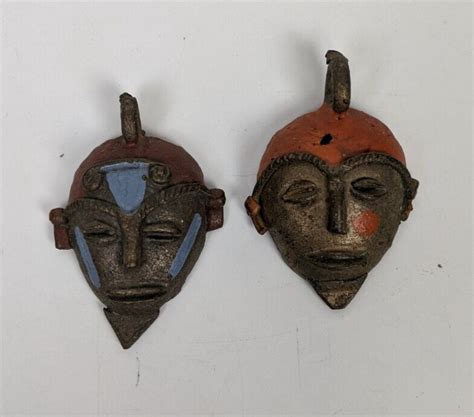 Vintage Cast Brass Tribal Mask Pendants Necklace Pair… - Gem