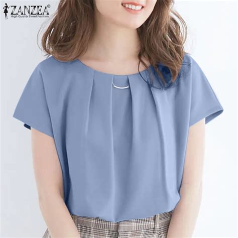 ZANZEA Korean Style Womens Short Sleeve Pleated T Shirts Solid Formal