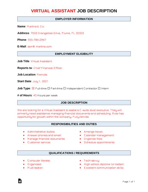 Free Virtual Assistant Job Description Template Sample Pdf Word Eforms