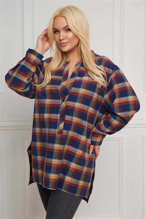 Koszula Bluzka Joanna W Granatowo Musztardow Krat Xxl Oversize Moda